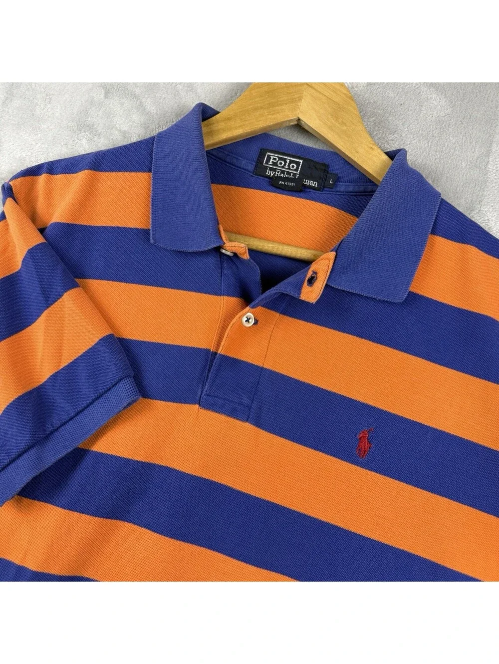 Polo Ralph Lauren Orange Blue Striped Short Sleeve Polo Shirt Men L Pony Preppy